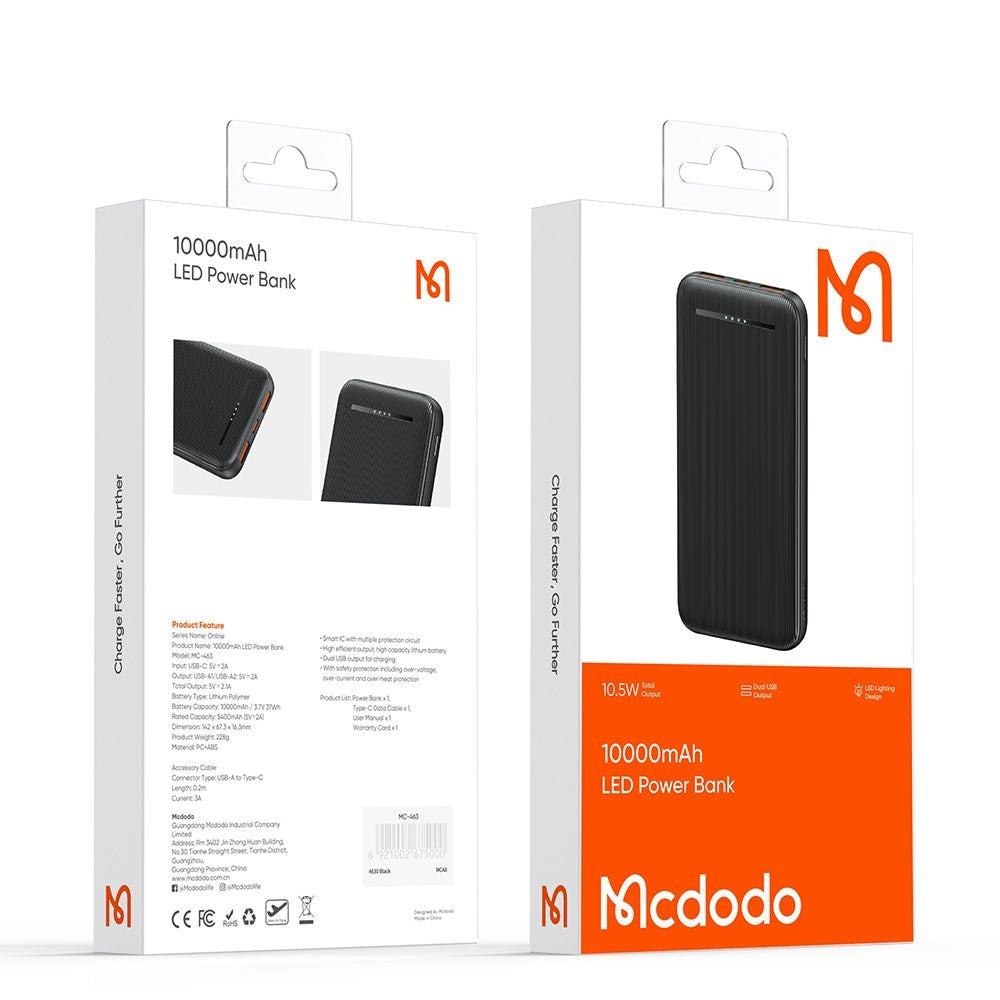 Ekstern Batteri McDodo MC-4631 Online, 10000mAh, 10W, 2 x USB-A - 1 x USB-C, Svart