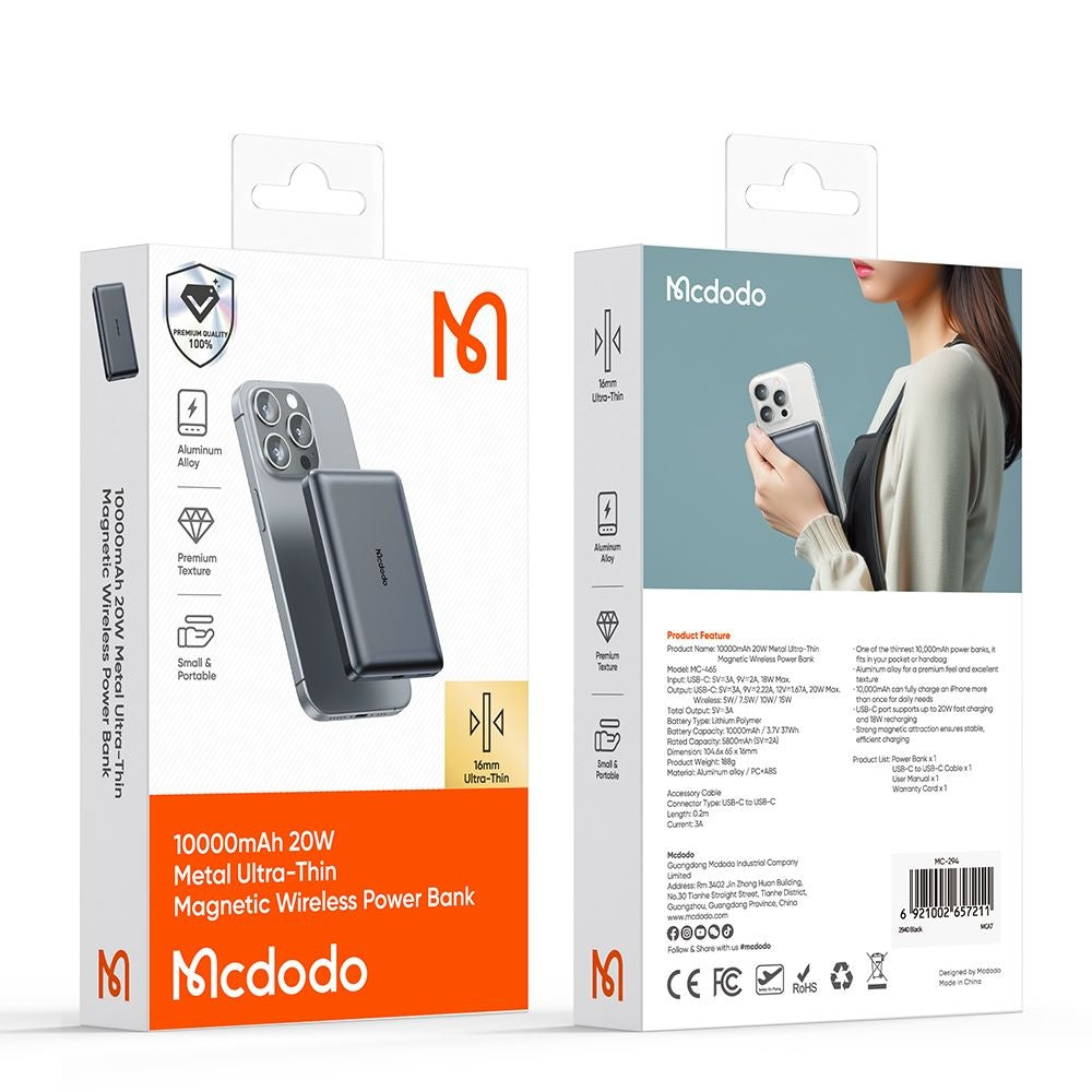 Ekstern trådløs batteri McDodo MC-4651 Meta, 10000mAh, 20W, PD + FQI, 1 x QI - 1 x USB-C, Svart