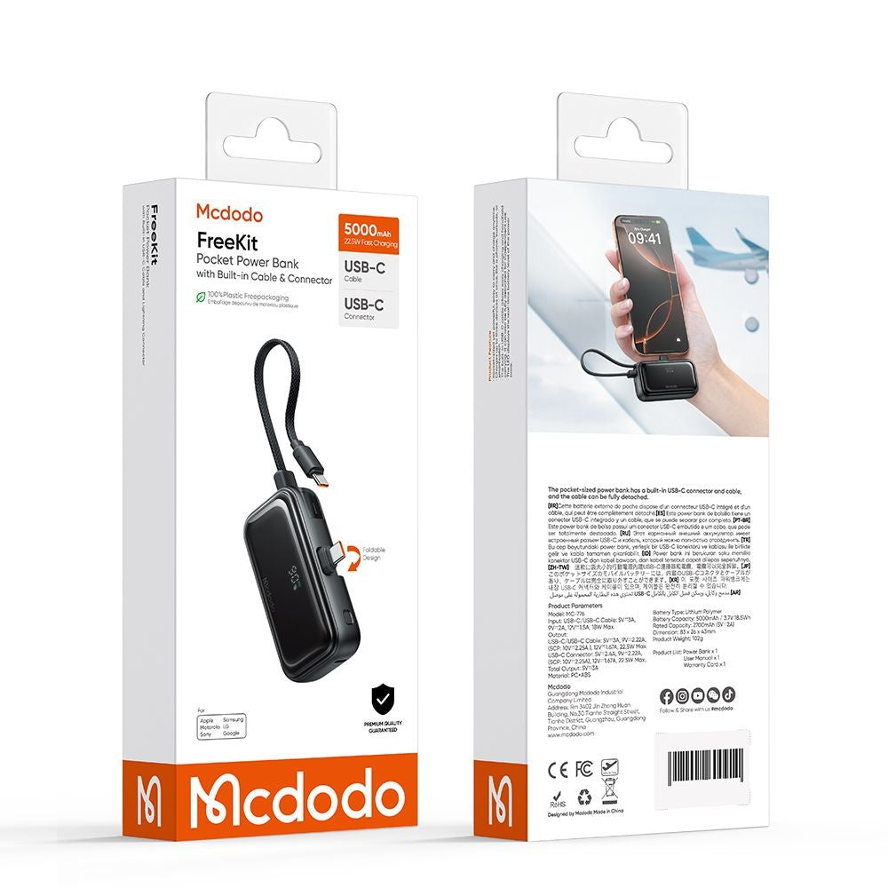 Ekstern Batteri McDodo MC-7760 Freekit, 5000mAh, 22.5W, PD, 3 x USB-C, Svart