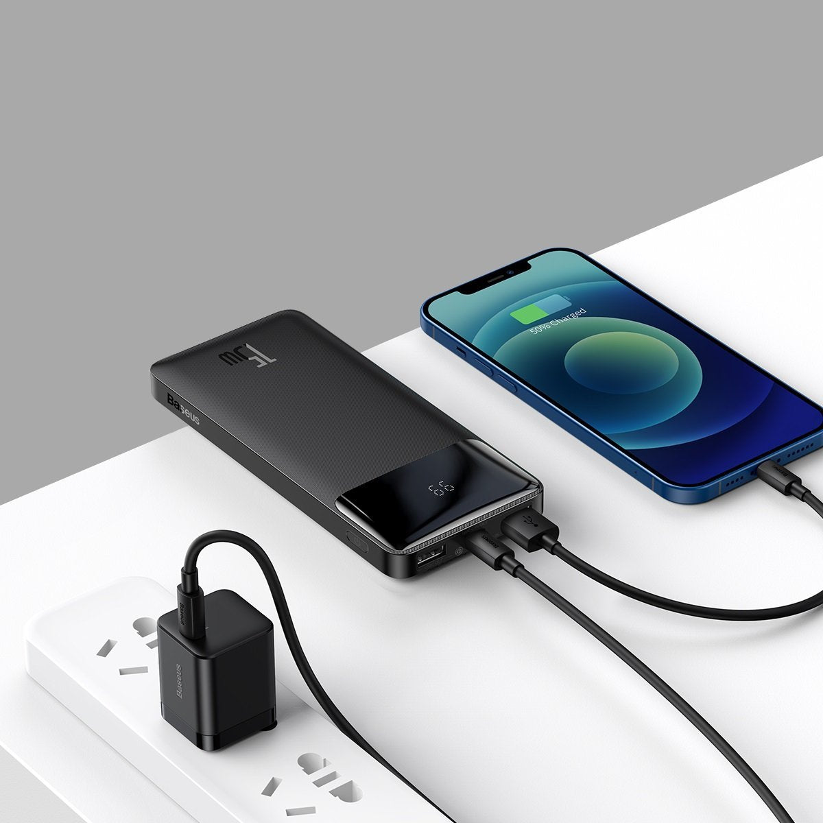 Baseus Bipow eksternt batteri, 10000 mAh, 15 W, 1 x USB-C - 2 x USB-A, svart PPBD050001