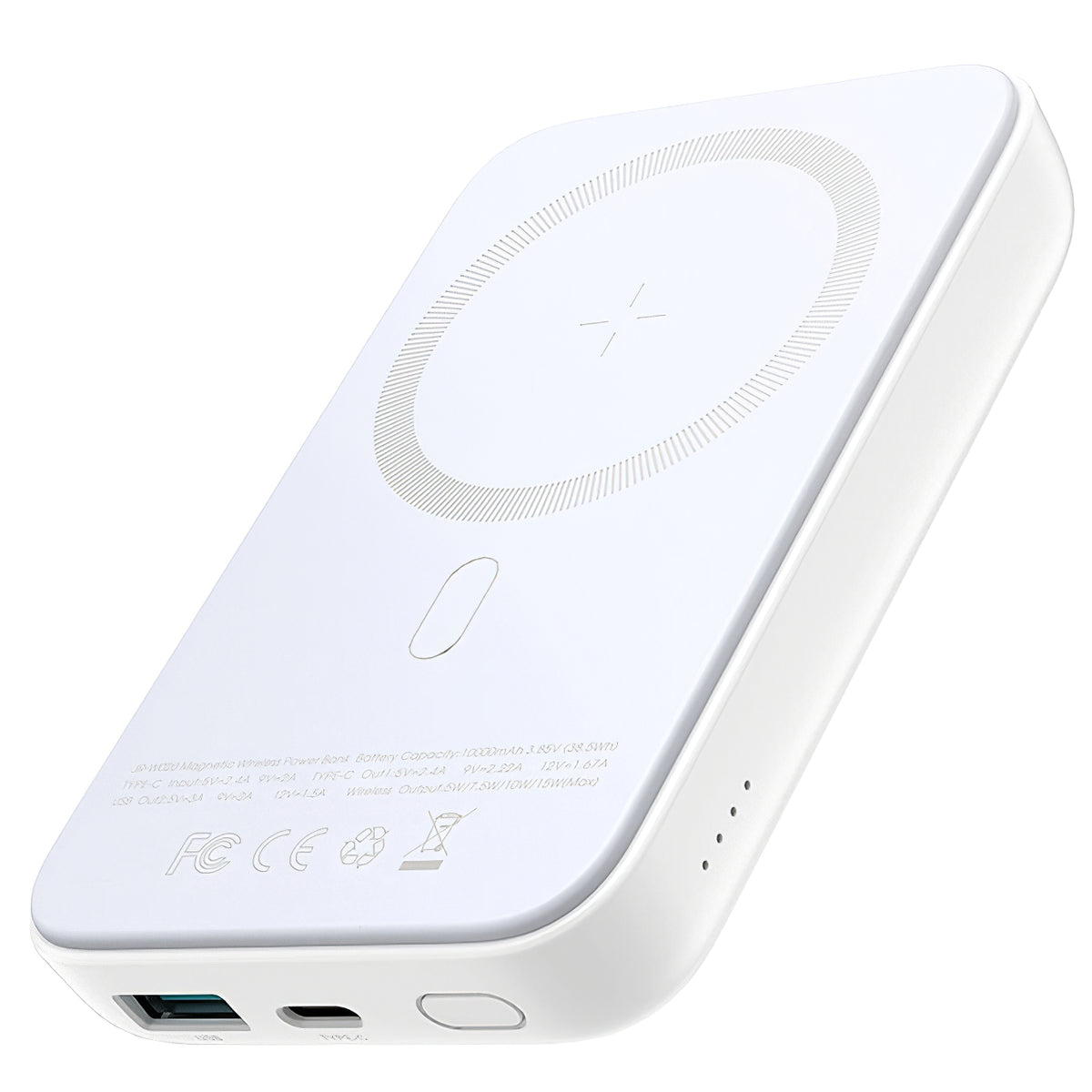 Ekstern trådløs batteri Joyroom JR-W020, 10000mAh, 20W, QC + PD + FQI, 1 x QI - 1 x USB-A - 1 x USB-C, Hvit