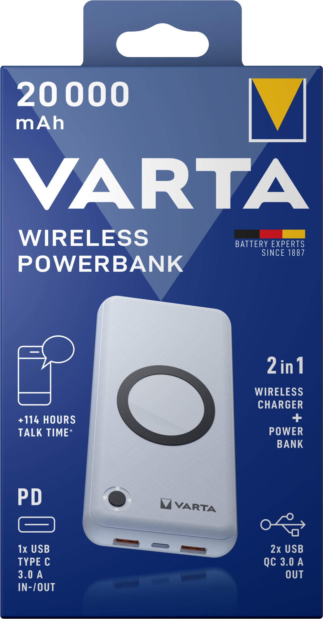 Varta Energy Wireless Eksternt trådløst batteri, 20000mAh, 18W, QC + PD + FQI, 1 x QI - 1 x USB-C - 2 x USB-A, hvit
