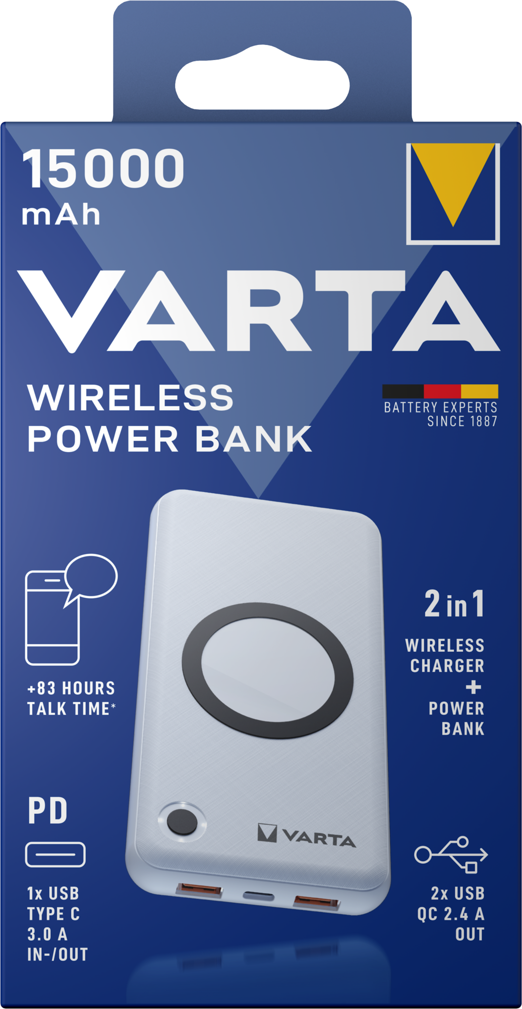 Varta Energy Wireless eksternt trådløst batteri, 15000 mAh, 18 W, QC + PD + FQI, 1 x QI - 1 x USB-C - 2 x USB-A, hvit