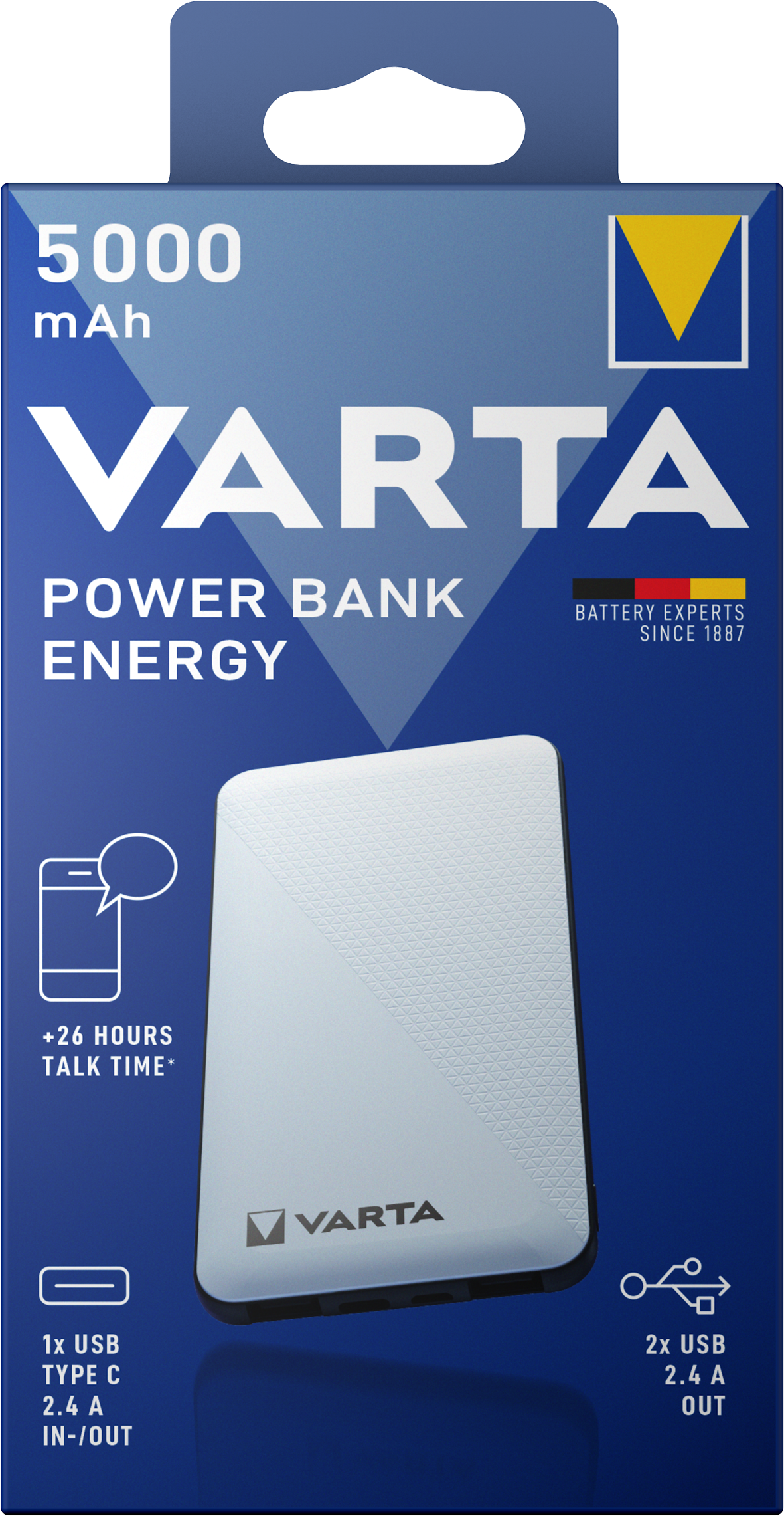 Varta Energy eksternt batteri, 5000 mAh, 15 W, 1 x USB-C - 2 x USB-A, hvit