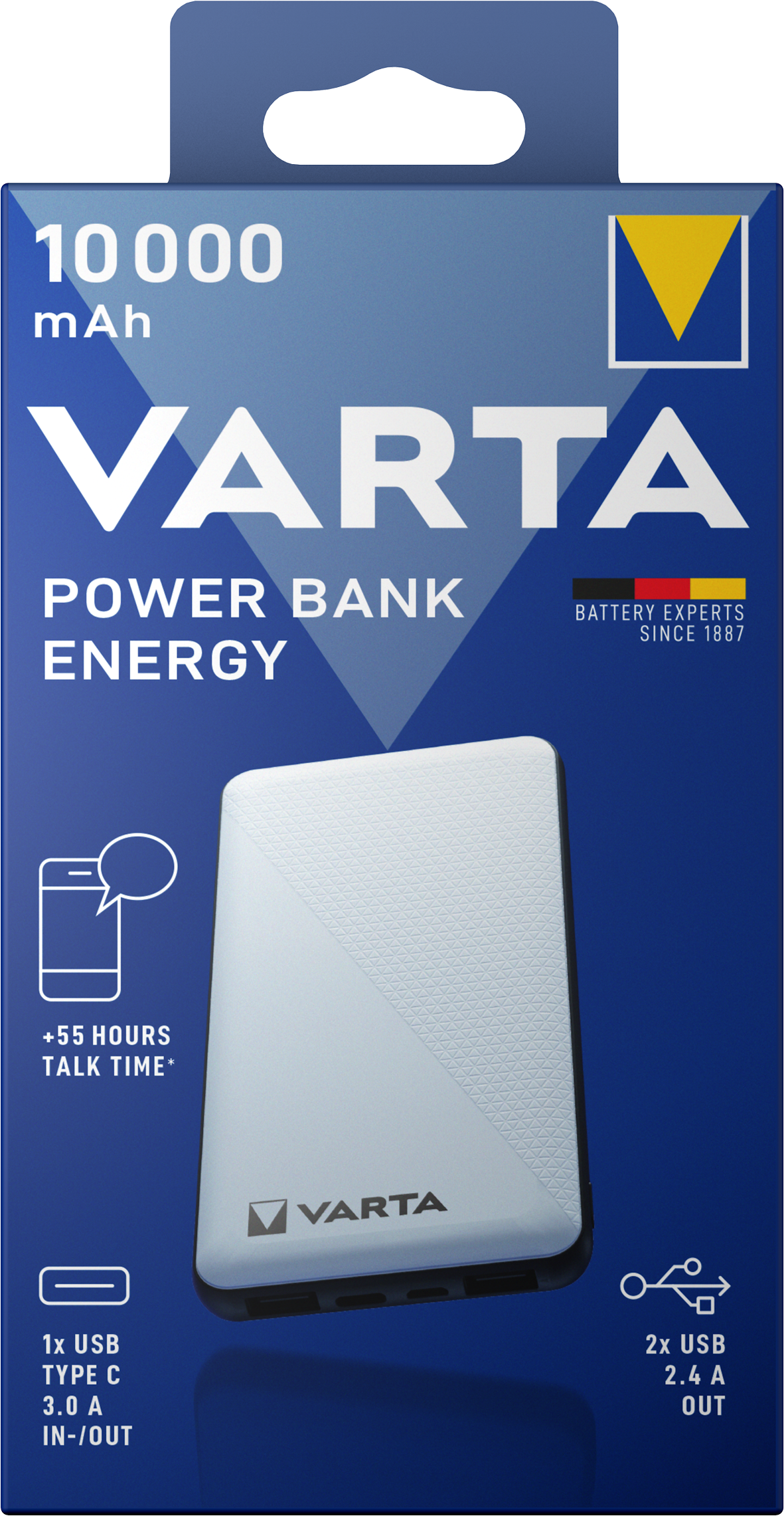Varta Energy eksternt batteri, 10000 mAh, 15 W, 1 x USB-C - 2 x USB-A, hvit