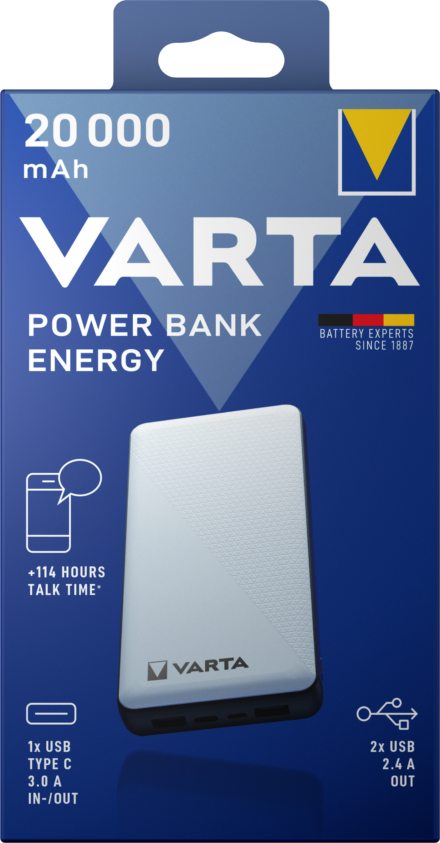 Varta Energy Eksternt batteri, 20000 mAh, 15 W, 1 x USB-C - 2 x USB-A, hvit