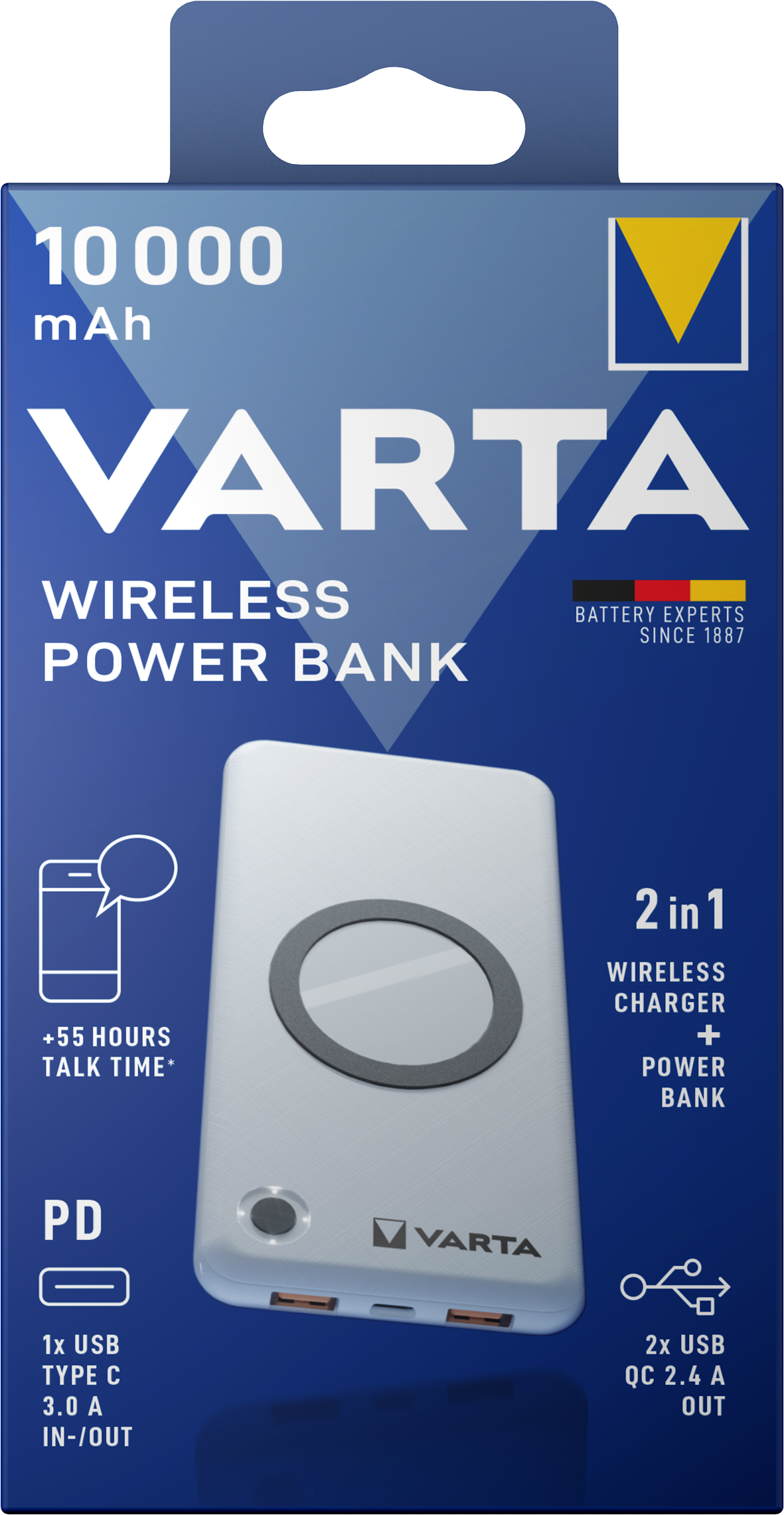 Varta Energy trådløst eksternt batteri, 10000 mAh, 18 W, QC + PD + FQI, 1 x QI - 1 x USB-C - 2 x USB-A, hvit