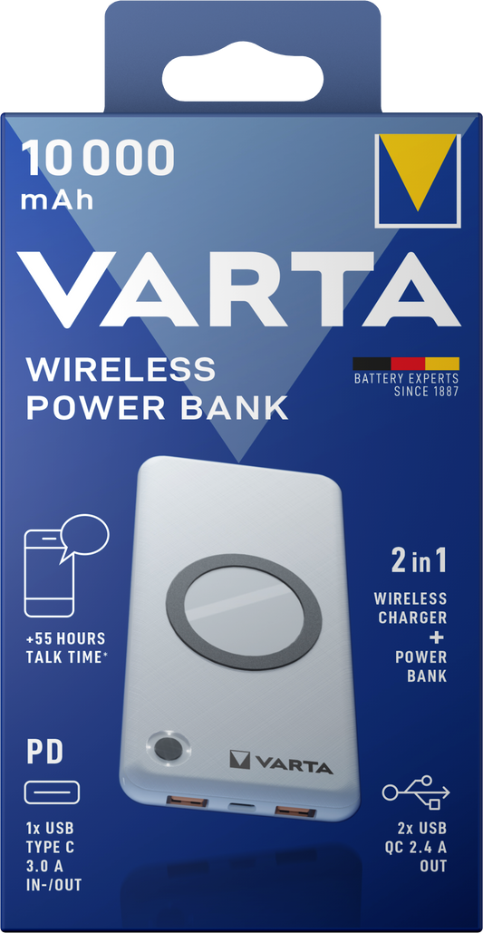 Varta Energy trådløst eksternt batteri, 10000 mAh, 18 W, QC + PD + FQI, 1 x QI - 1 x USB-C - 2 x USB-A, hvit