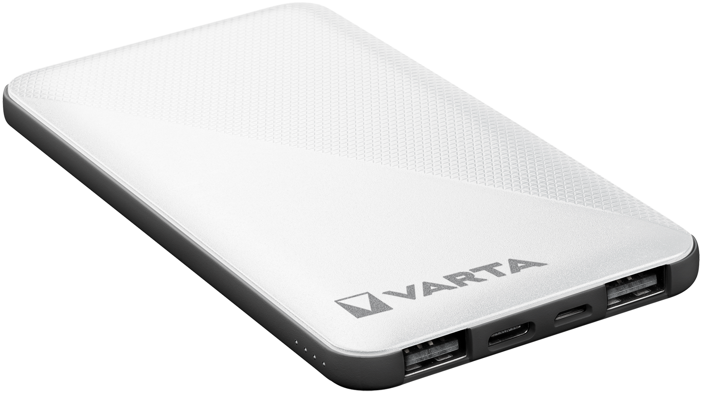 Varta Energy eksternt batteri, 5000 mAh, 15 W, 1 x USB-C - 2 x USB-A, hvit