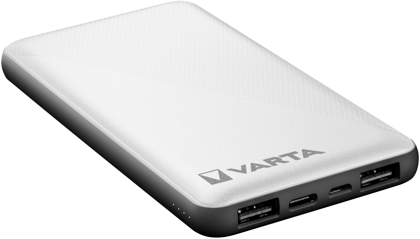 Varta Energy eksternt batteri, 10000 mAh, 15 W, 1 x USB-C - 2 x USB-A, hvit