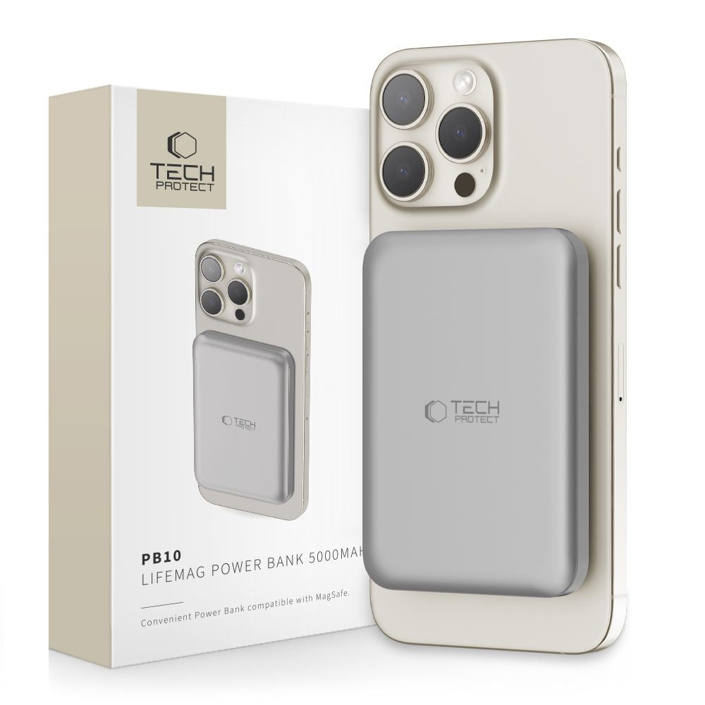 Eksternt trådløst batteri Tech-Protect PB10 LifeMag, 5000mAh, 15W, PD + FQI, 1 x QI - 1 x USB-C, Grå