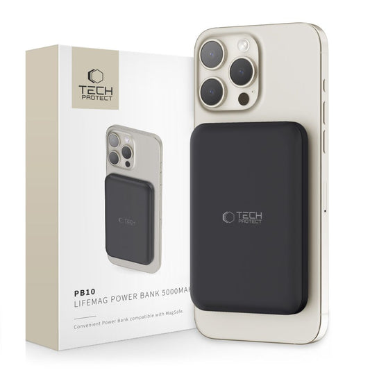 Eksternt trådløst batteri Tech-Protect PB10 LifeMag, 5000mAh, 15W, PD + FQI, 1 x QI - 1 x USB-C, Svart