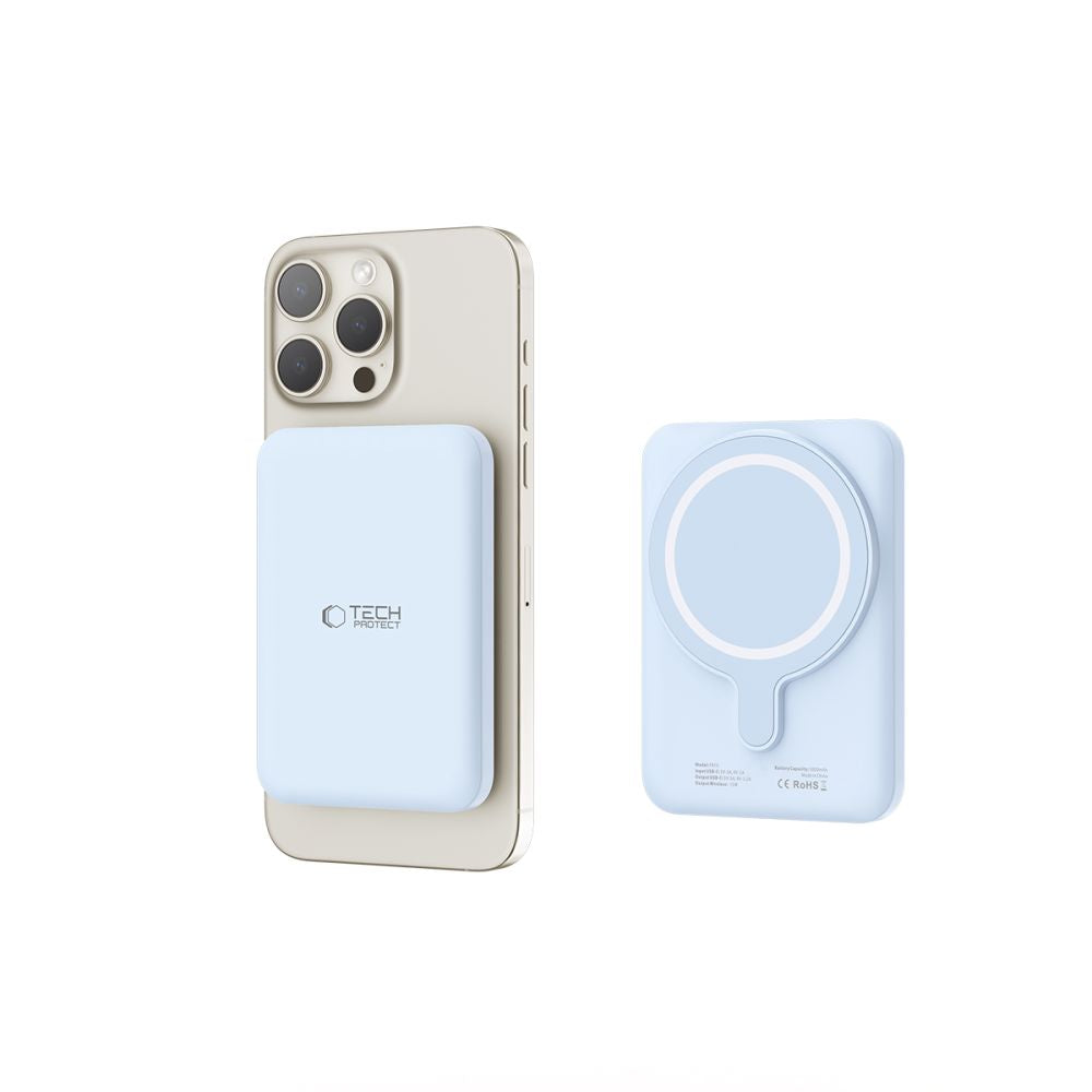 Eksternt trådløst batteri Tech-Protect PB10 LifeMag, 5000mAh, 15W, PD + FQI, 1 x QI - 1 x USB-C, Blå