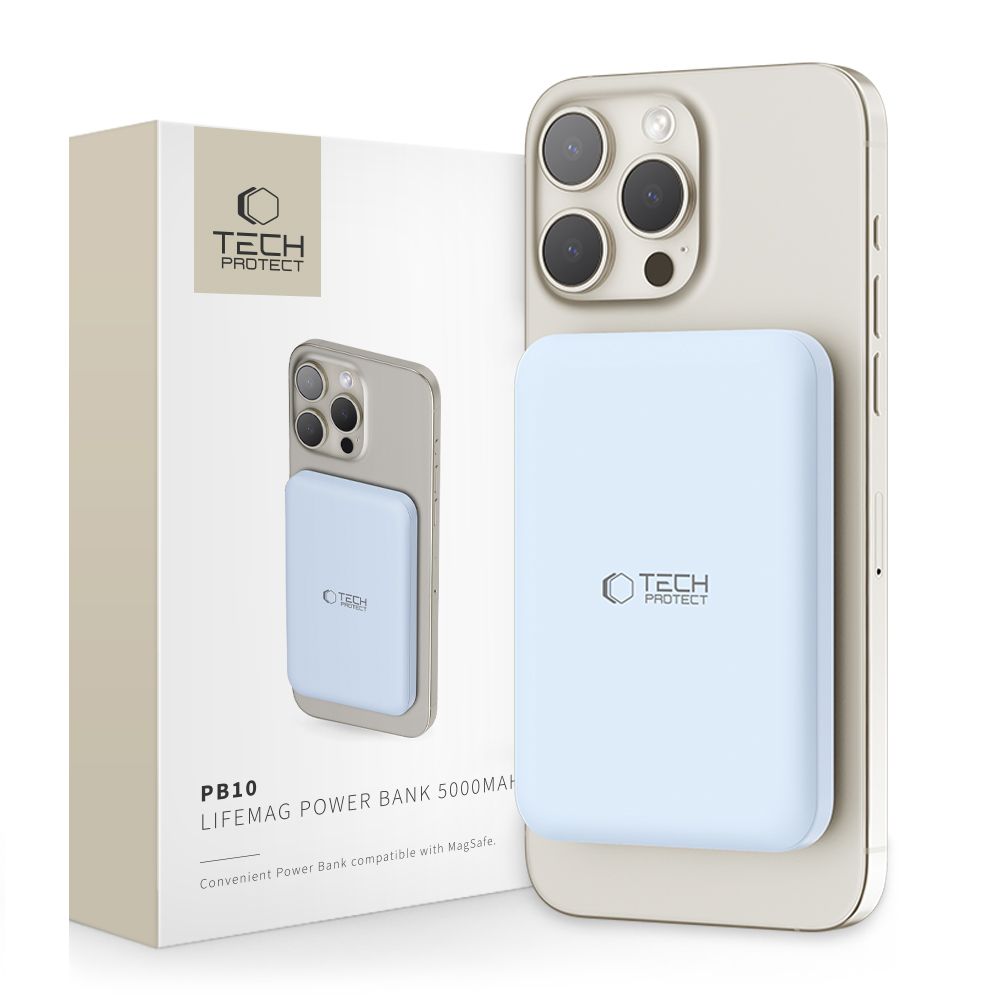 Eksternt trådløst batteri Tech-Protect PB10 LifeMag, 5000mAh, 15W, PD + FQI, 1 x QI - 1 x USB-C, Blå