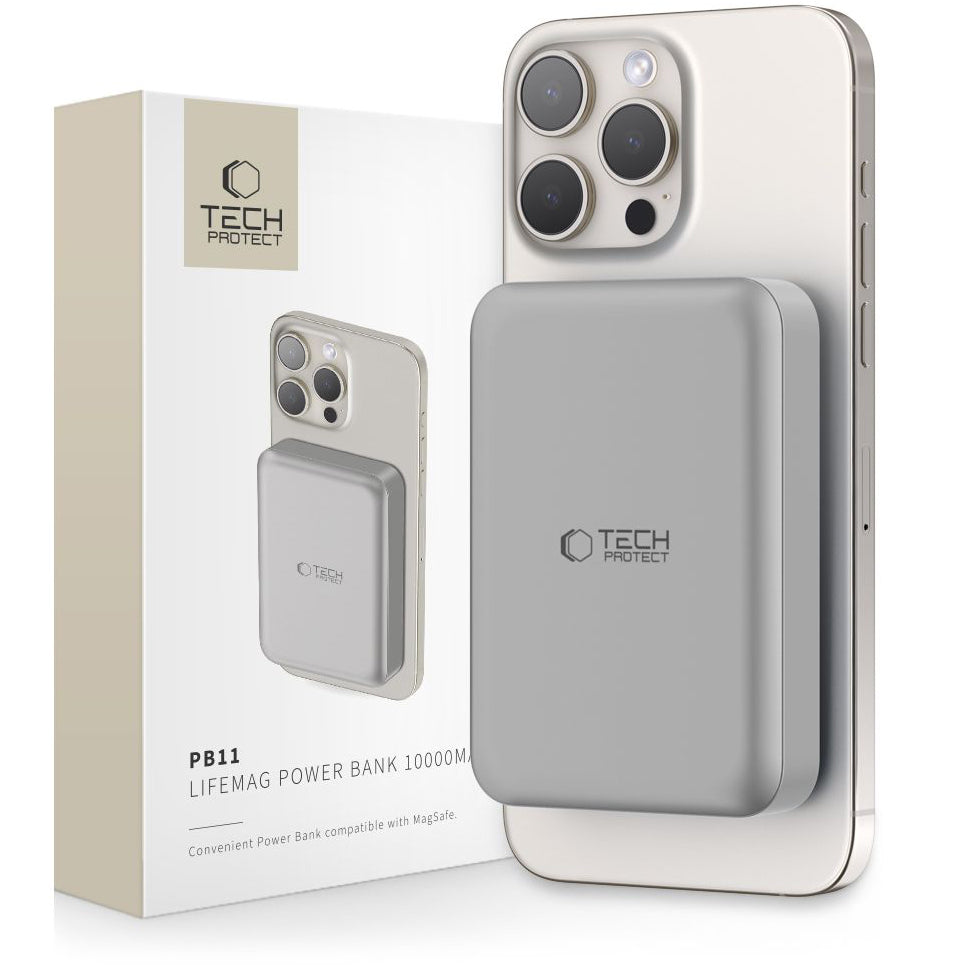 Trådløst eksternt batteri Tech-Protect PB11 LifeMag, 10000mAh, 15W, PD + FQI, 1 x QI - 1 x USB-C, Grå