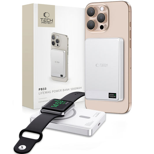 Tech-Protect PB33 LifeMag trådløst eksternt batteri, 5000 mAh, 15 W, FQI, 1 x QI - 1 x USB-C, grå