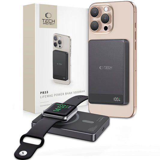 Tech-Protect PB33 LifeMag trådløst eksternt batteri, 5000 mAh, 15 W, FQI, 1 x QI - 1 x USB-C, svart
