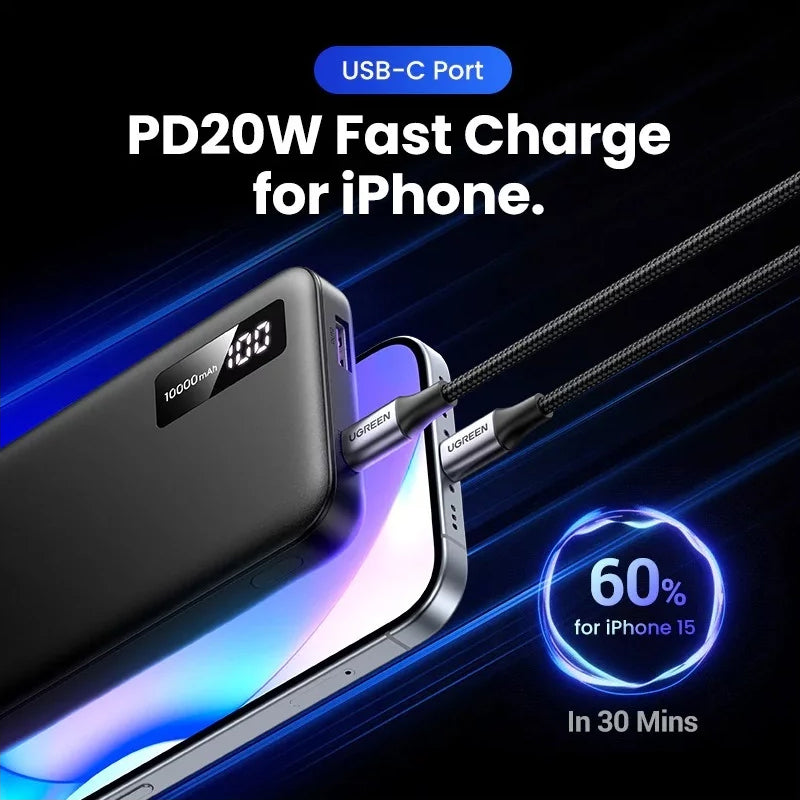 Ekstern Batteri UGREEN PB311, 10000mAh, 22.5W, QC + PD, 1 x USB-C - 2 x USB-A, Svart