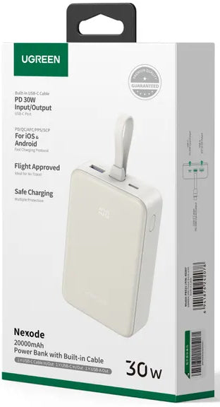 Ekstern batteri UGREEN PB521, 20000mAh, 30W, QC + PD, 1 x USB-A - 2 x USB-C, Hvit