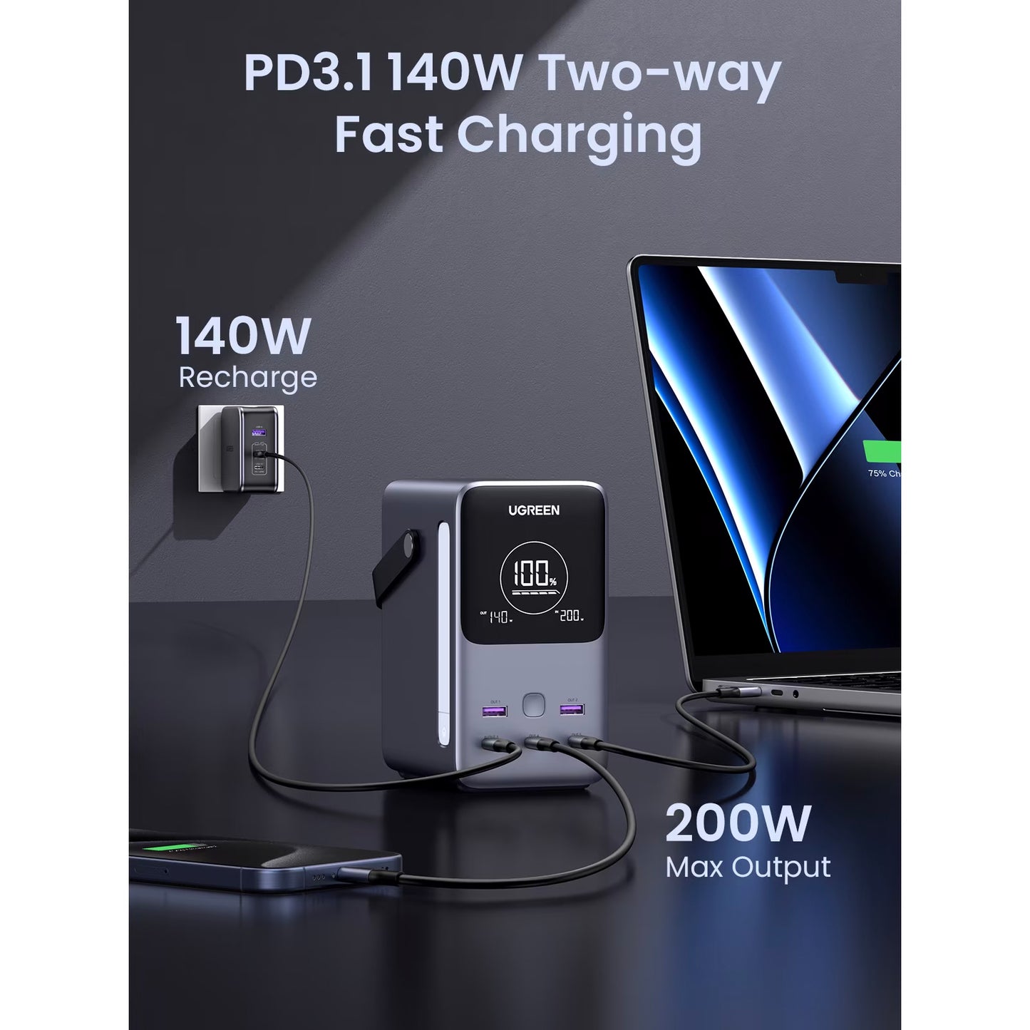 Ekstern batteri UGREEN PB770, 48000mAh, 300W, QC + PD, 2 x USB-A - 3 x USB-C, Grå