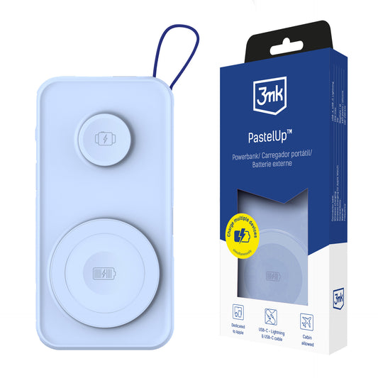 3MK PastelUp eksternt trådløst batteri, 10000 mAh, 22,5 W, QC + PD + FQI, 1 x USB-A - 1 x USB-C - 2 x QI, blå
