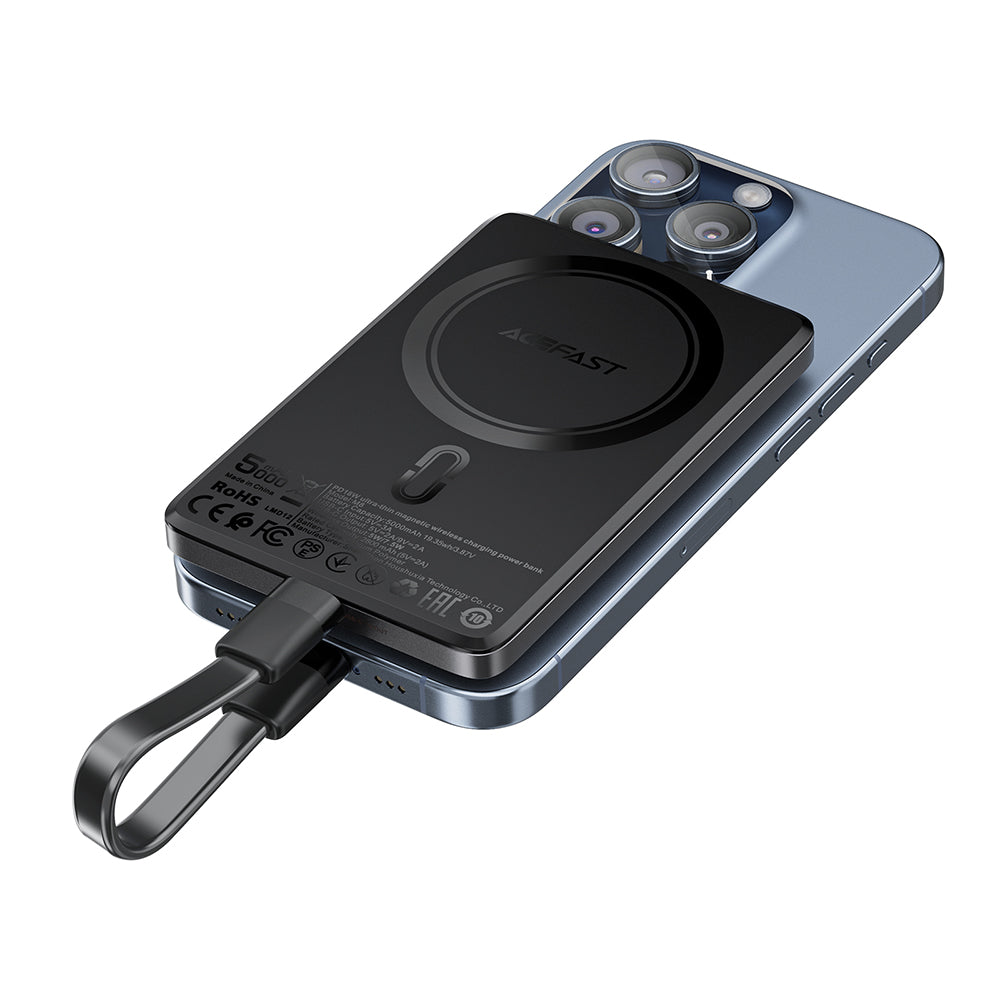 Trådløs Ekstern Batteri Acefast M8, 5000mAh, 18W, PD + FQI, 1 x QI - 1 x USB-C, Svart