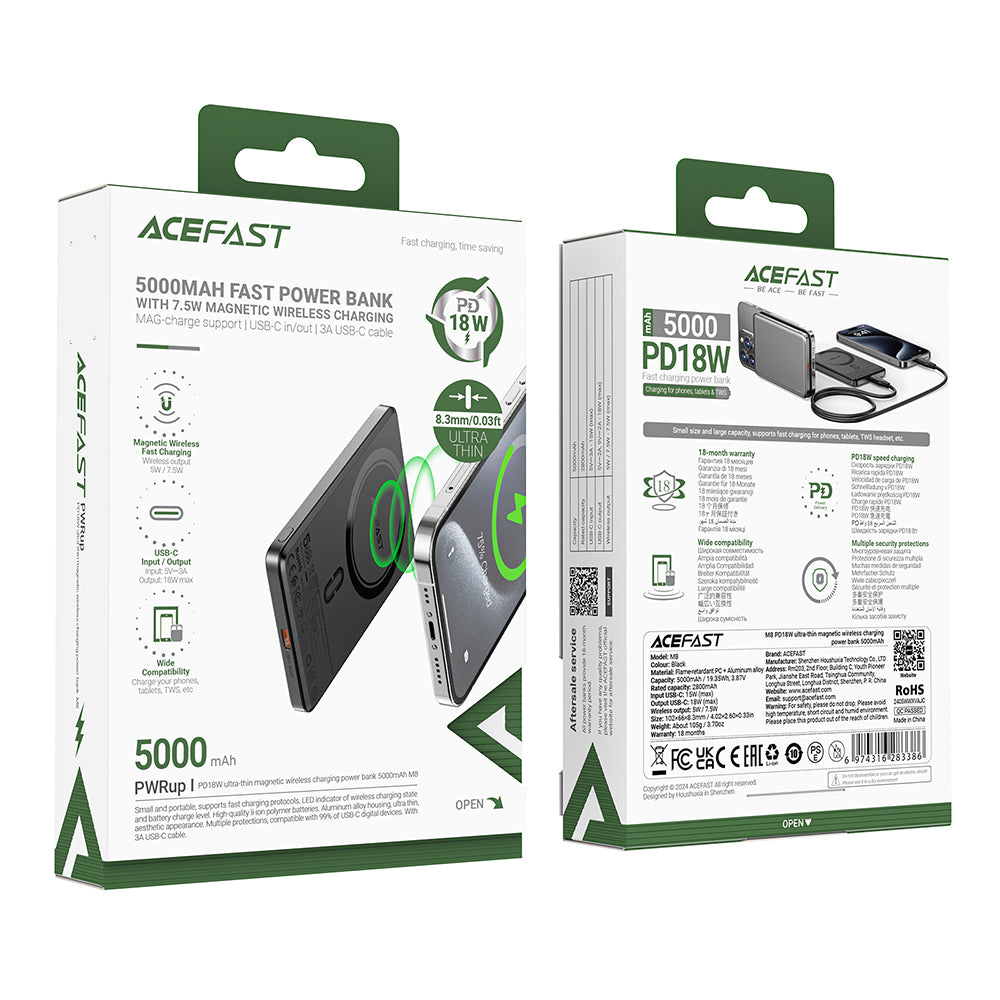 Trådløs Ekstern Batteri Acefast M8, 5000mAh, 18W, PD + FQI, 1 x QI - 1 x USB-C, Svart
