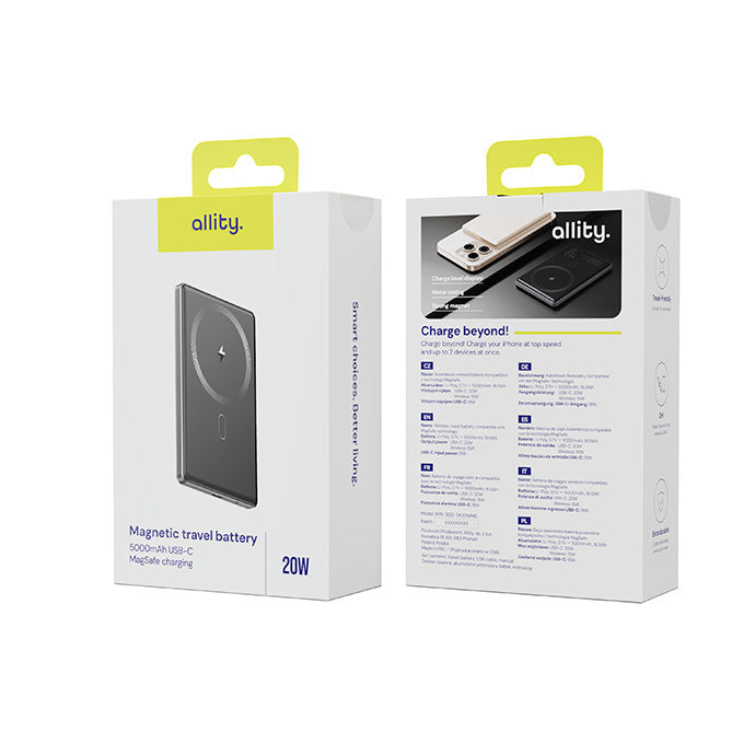 Ekstern trådløs batteri Allity. APB-300, 5000mAh, 20W, PD + QC, 1 x QI - 1 x USB-C, Grå