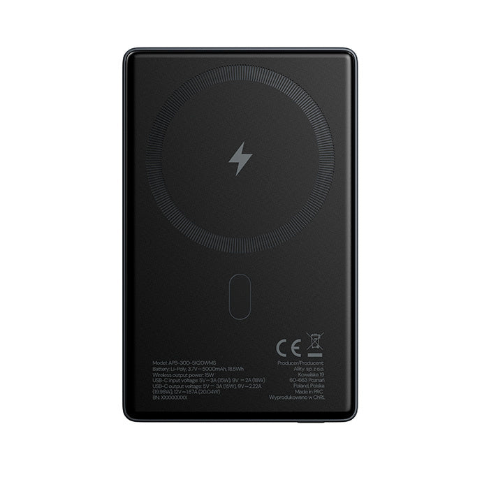 Ekstern trådløs batteri Allity. APB-300, 5000mAh, 20W, PD + QC, 1 x QI - 1 x USB-C, Grå