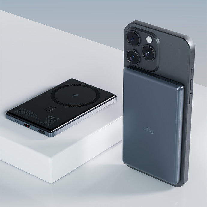 Ekstern trådløs batteri Allity. APB-300, 5000mAh, 20W, PD + QC, 1 x QI - 1 x USB-C, Grå