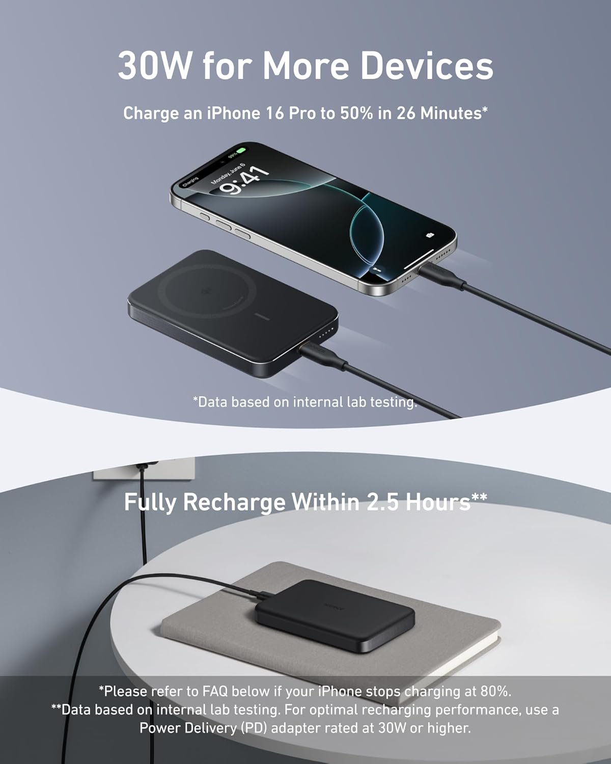 Anker MagGo Slim trådløst eksternt batteri, 10000 mAh, 30 W, PD + FQI, 1 x QI - 1 x USB-C, svart A1664H11