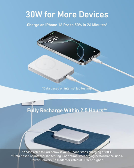 Anker MagGo Slim trådløst eksternt batteri, 10000 mAh, 30 W, PD + FQI, 1 x QI - 1 x USB-C, hvit A1664H21 A1664H21