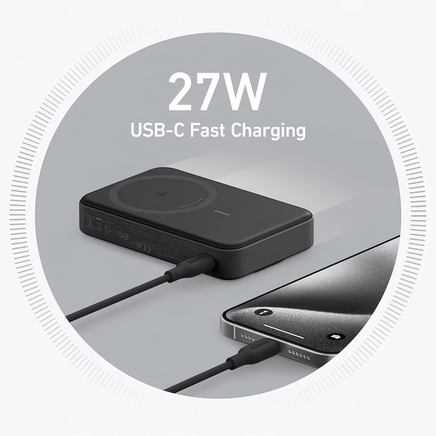Anker MagGo trådløst eksternt batteri, 10000 mAh, 27 W, PD + FQI, 1 x QI - 1 x USB-C, svart A1654G11