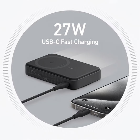 Anker MagGo trådløst eksternt batteri, 10000 mAh, 27 W, PD + FQI, 1 x QI - 1 x USB-C, svart A1654G11