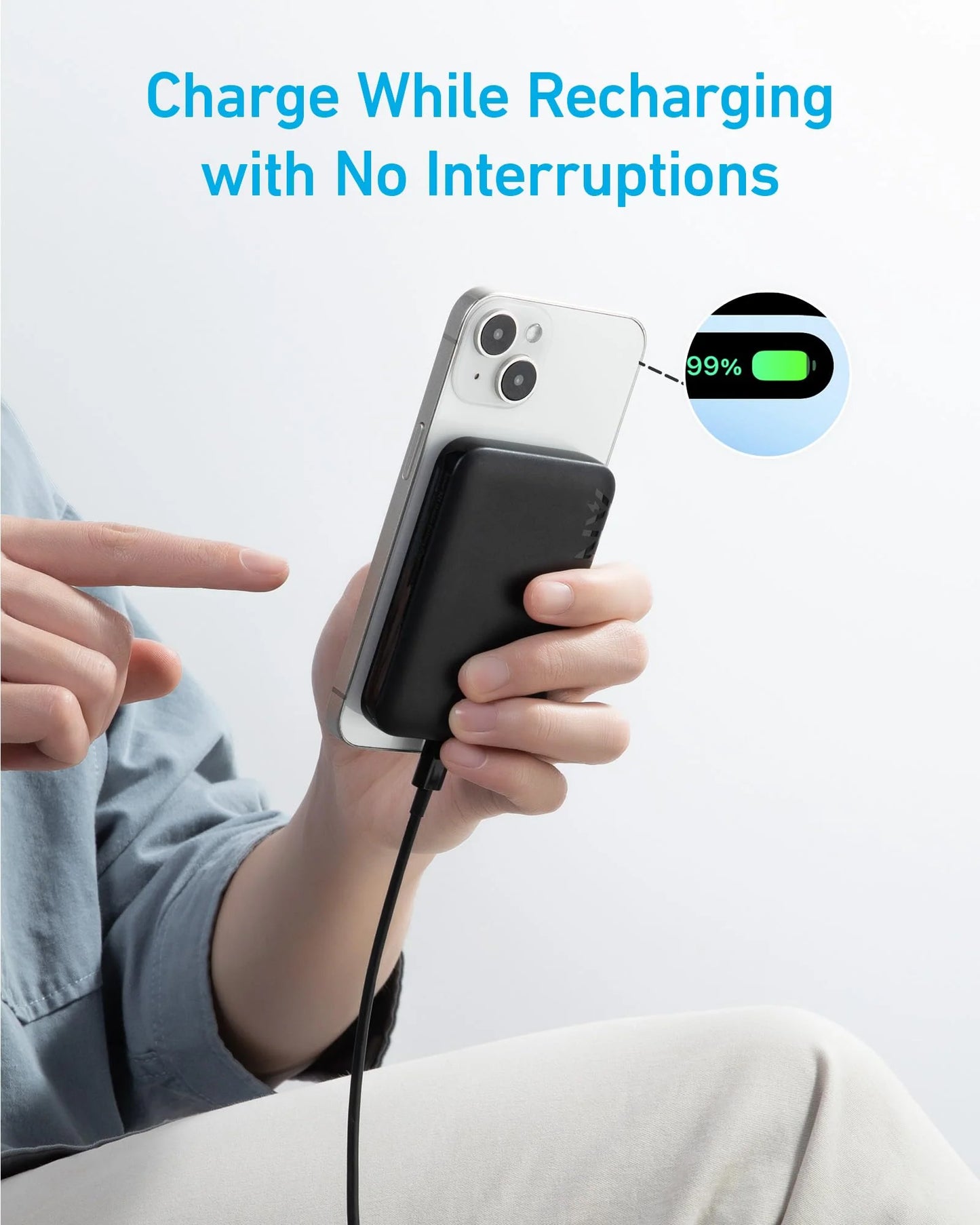 Ekstern trådløs batteri Anker 321 MagGo, 5000mAh, 7.5W, PD + FQI, 1 x QI - 1 x USB-C, Svart A1616G11