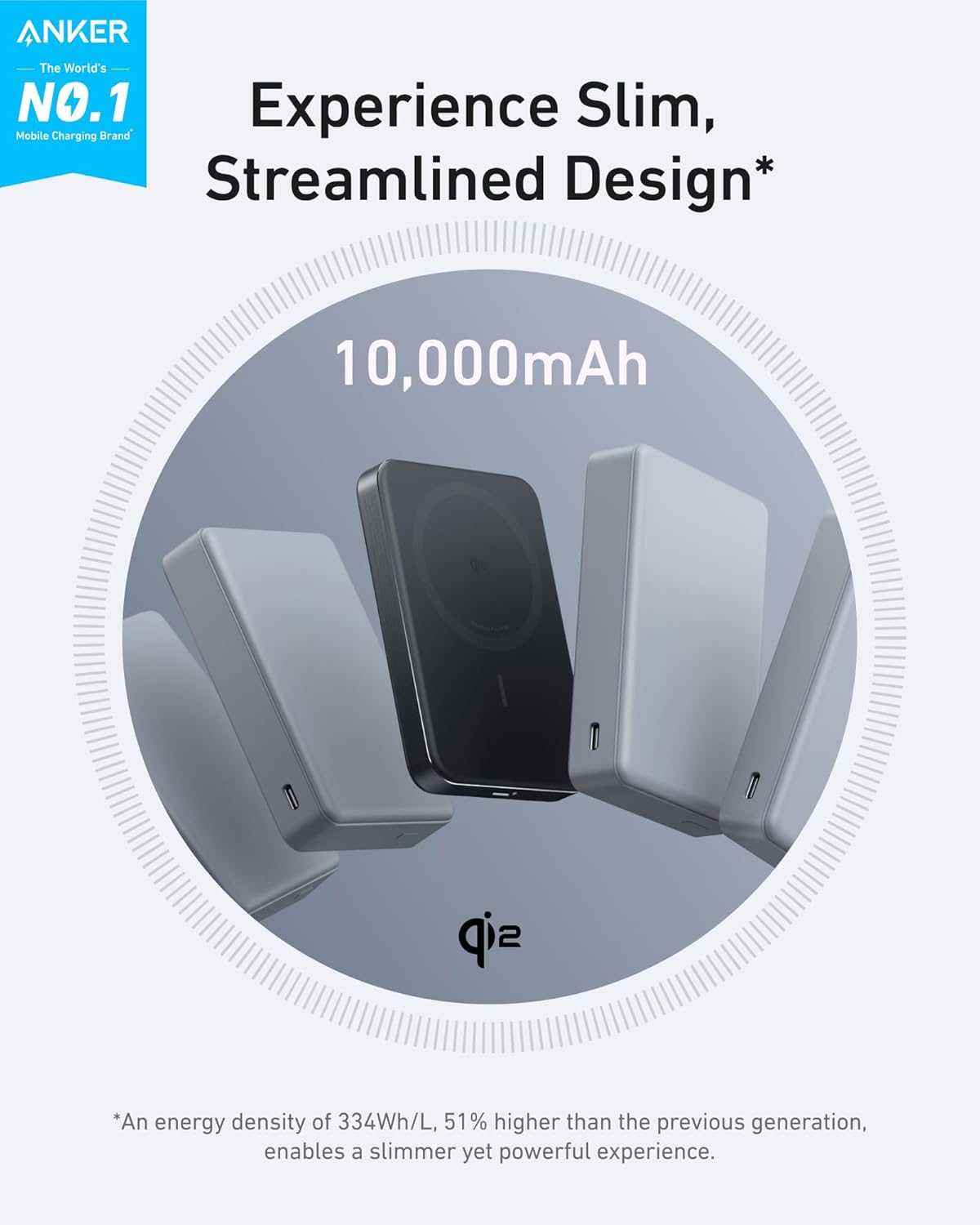 Anker MagGo Slim trådløst eksternt batteri, 10000 mAh, 30 W, PD + FQI, 1 x QI - 1 x USB-C, svart A1664H11