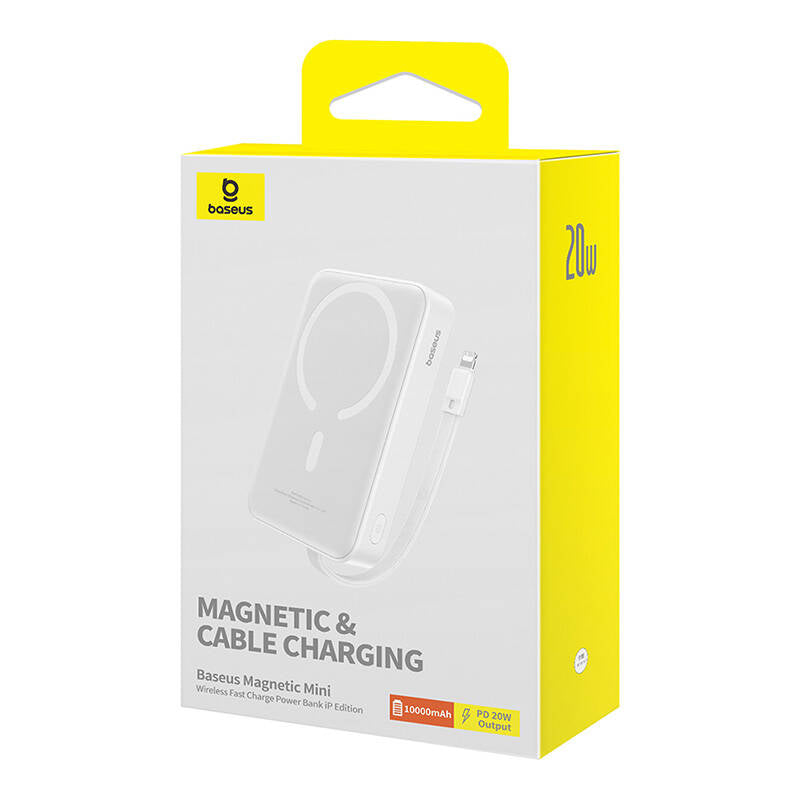Ekstern trådløs batteri Baseus Magnetic Mini, 10000mAh, 20W, PD + FQI, 1 x Lightning - 1 x QI - 1 x USB-C, Hvit P10022109223-00