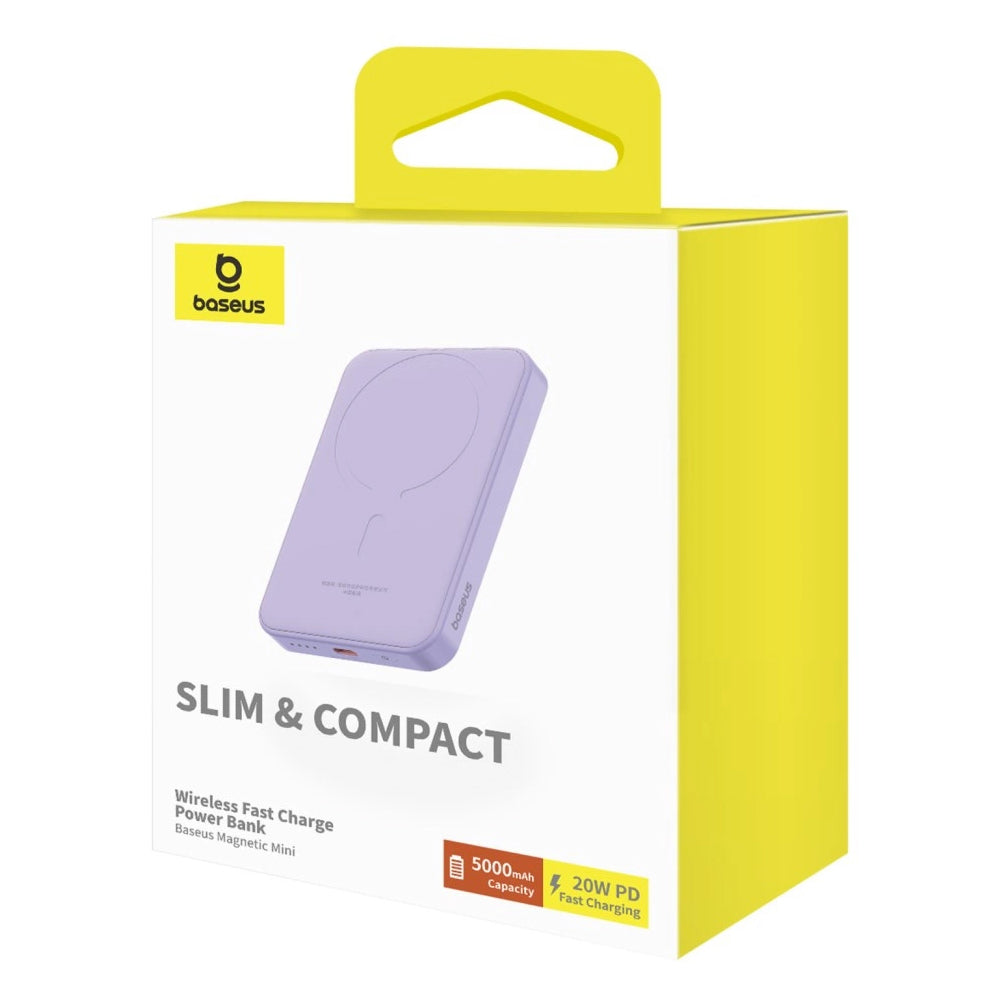 Ekstern trådløs batteri Baseus Magnetic Mini, 5000mAh, 20W, PD + FQI, 1 x QI - 1 x USB-C, Lilla P10022107513
