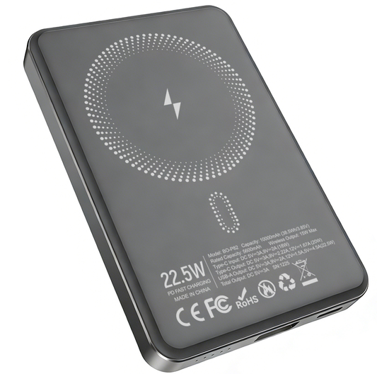 Trådløs Ekstern Batteri BWOO BO-P82, 10000mAh, 22,5W, PD + FQI, 1 x QI - 1 x USB-C, Grå