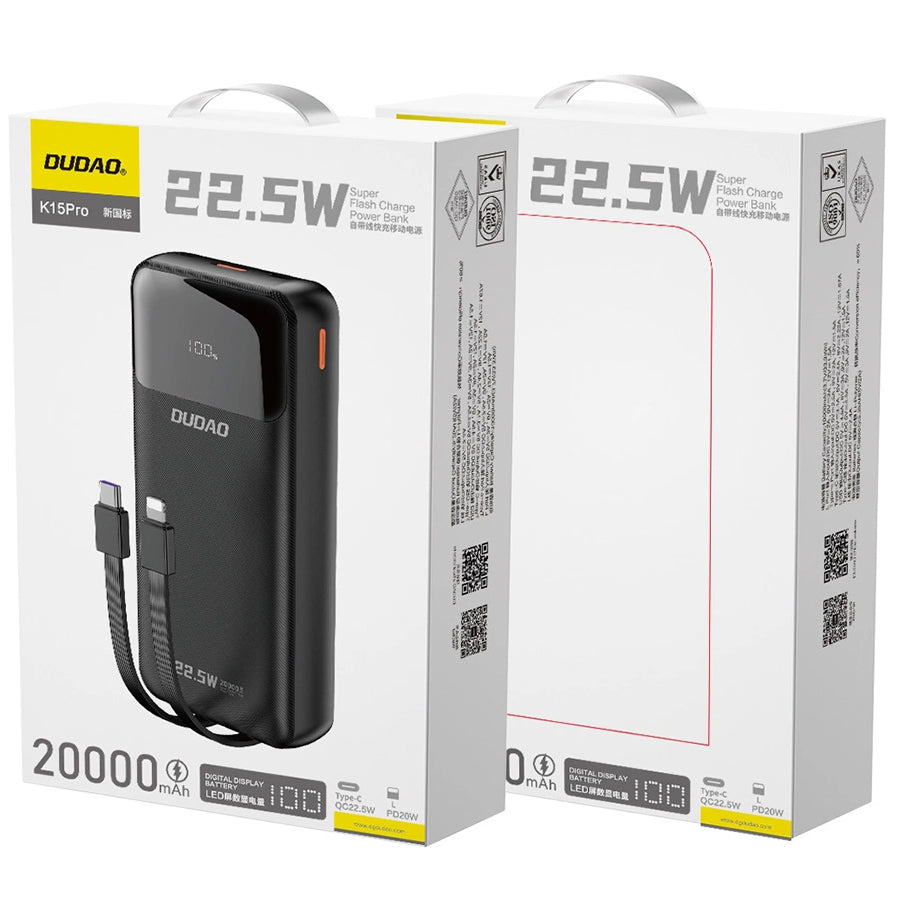 Ekstern batteri Dudao K15Pro, 20000mAh, 22.5W, QC + PD, 1 x Lightning - 1 x USB-A - 2 x USB-C, Svart