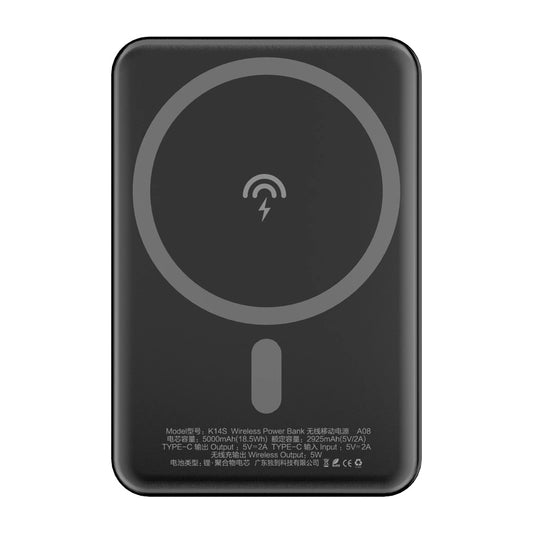 Trådløst eksternt batteri Dudao K14S, 5000mAh, 10W, PD + QI, 1 x QI - 1 x USB-C, Svart