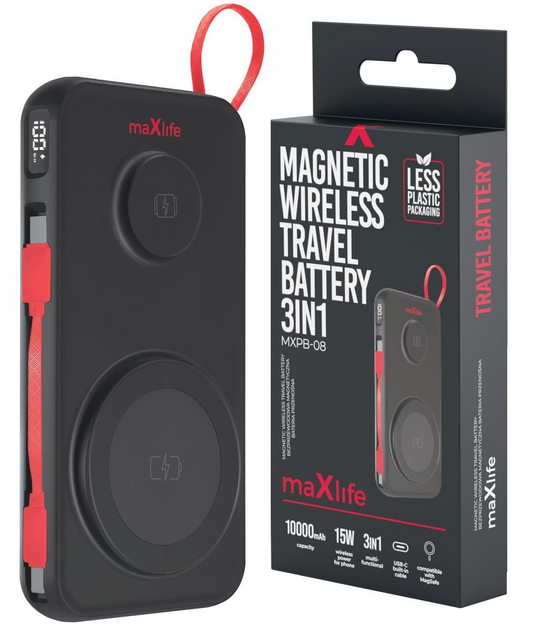 Ekstern trådløs batteri MaXlife MXPB-08, 10000mAh, 22.5W, QC + PD + FQI + QI, 1 x USB-A - 1 x USB-C - 2 x QI, Svart