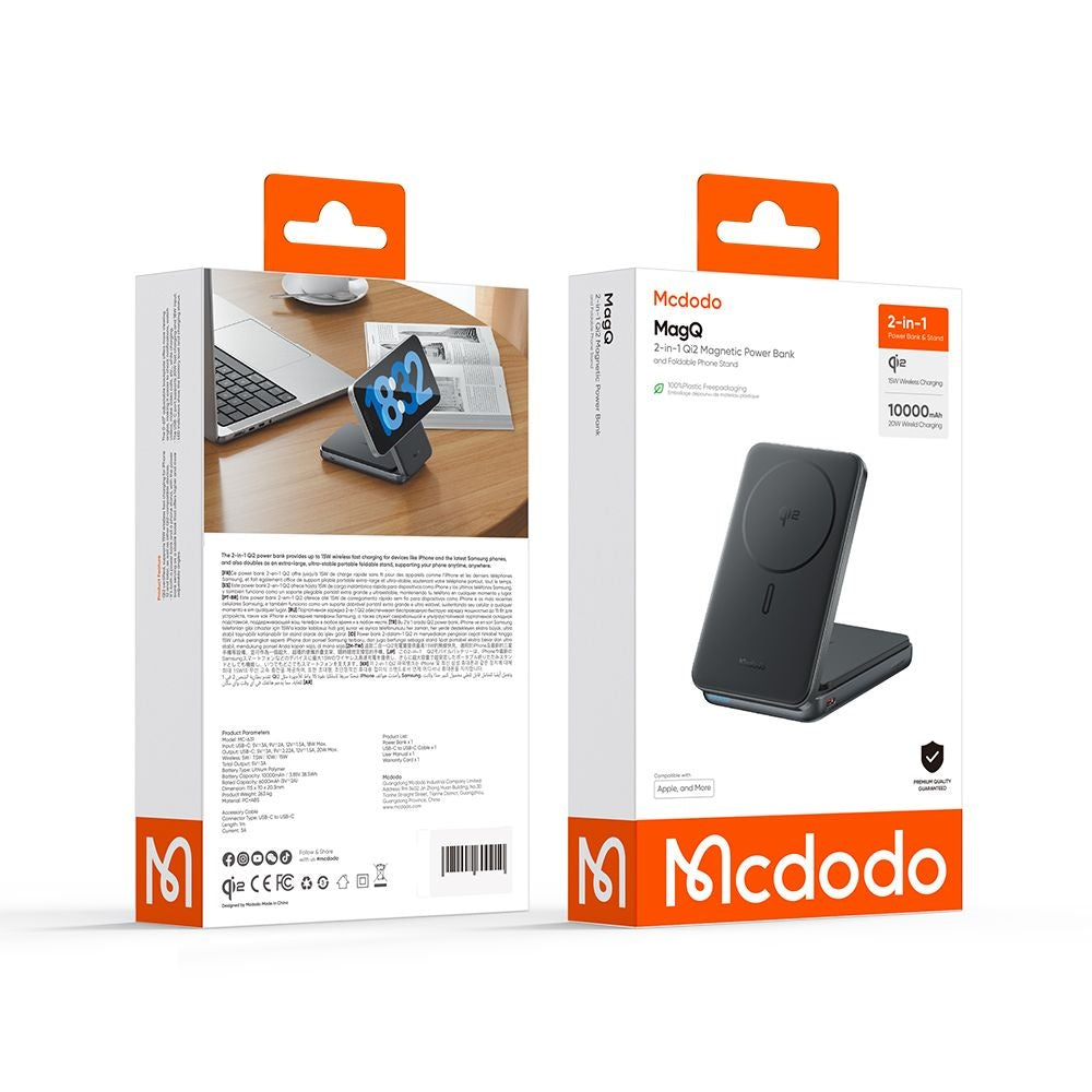 Trådløs Ekstern Batteri McDodo MC-6310 2in1, 10000mAh, 20W, PD + FQI, 1 x USB-C, Svart