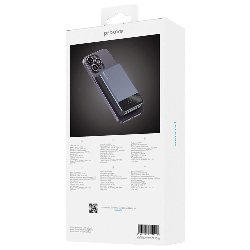 Trådløs Ekstern Batteri Proove Hoodman, 10000mAh, 20W, PD + FQI, 1 x QI - 1 x USB-C, Grå PBH120010003