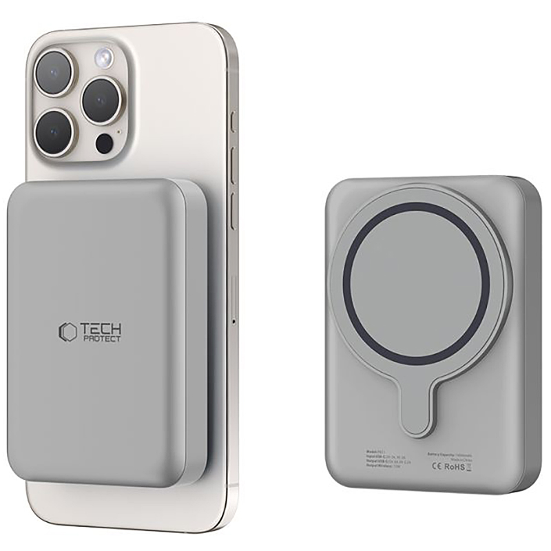 Trådløs ekstern batteri Tech-Protect PB11 LifeMag, 10000mAh, 15W, PD + FQI, 1 x QI - 1 x USB-C, Grå, Reseglet