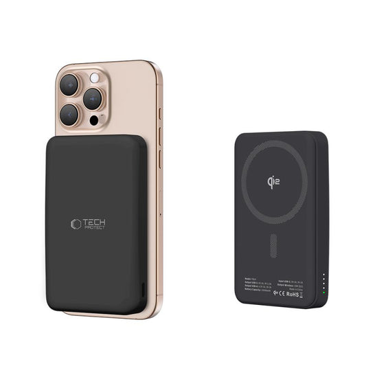 Tech-Protect PB24 LifeMag eksternt trådløst batteri, 10000 mAh, 15 W, PD + FQI, 1 x QI - 1 x USB-A - 1 x USB-C, svart