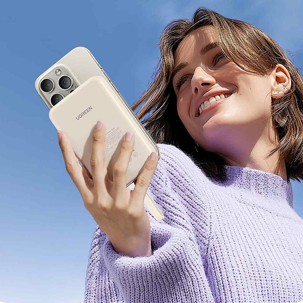 Ekstern trådløs batteri UGREEN PB760, 10000mAh, 20W, PD + FQI, 1 x QI - 1 x USB-C, Beige