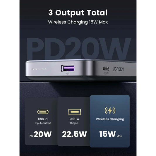 UGREEN PB206 Trådløst eksternt batteri, 10000 mAh, 20 W, QC + PD + FQI, 1 x QI - 1 x USB-A - 1 x USB-C, grå
