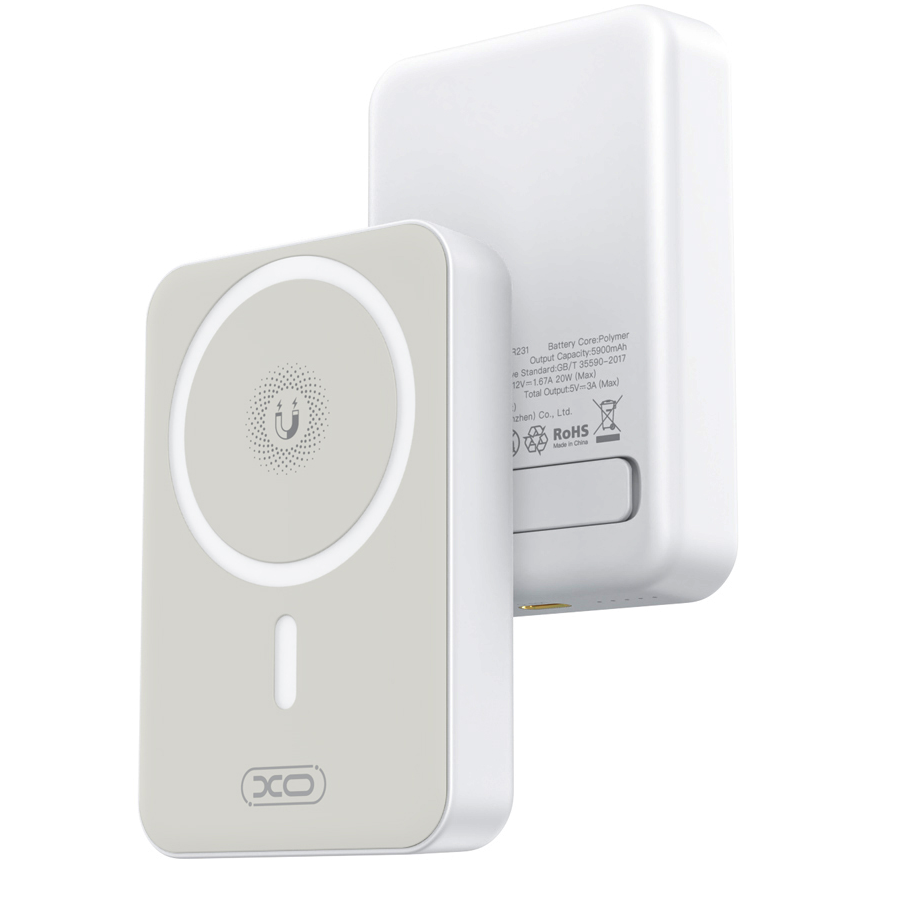 Ekstern trådløs batteri XO Design PR231, 10000mAh, 20W, PD + FQI, 1 x QI - 1 x USB-C, Hvit