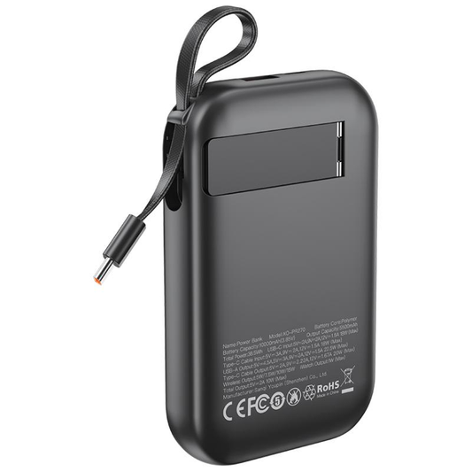 Trådløs Ekstern Batteri XO Design PR270, 10000mAh, 22.5W, QC + PD + QI, 1 x QI - 1 x USB-A - 1 x USB-C, Svart